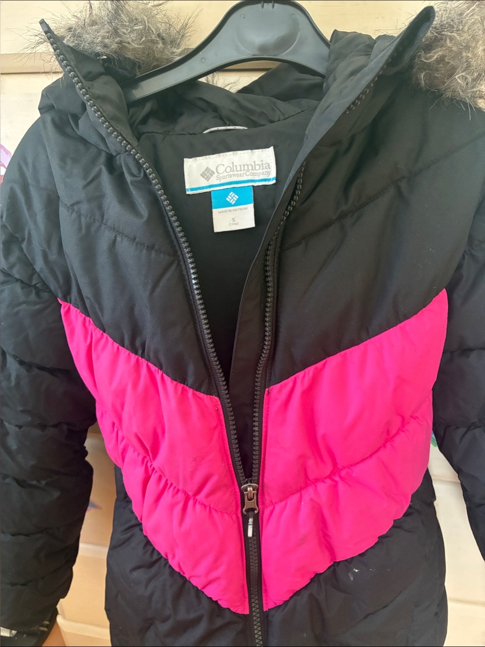 Columbia Kids Black and Hot Pink Chevron Puffer Jacket